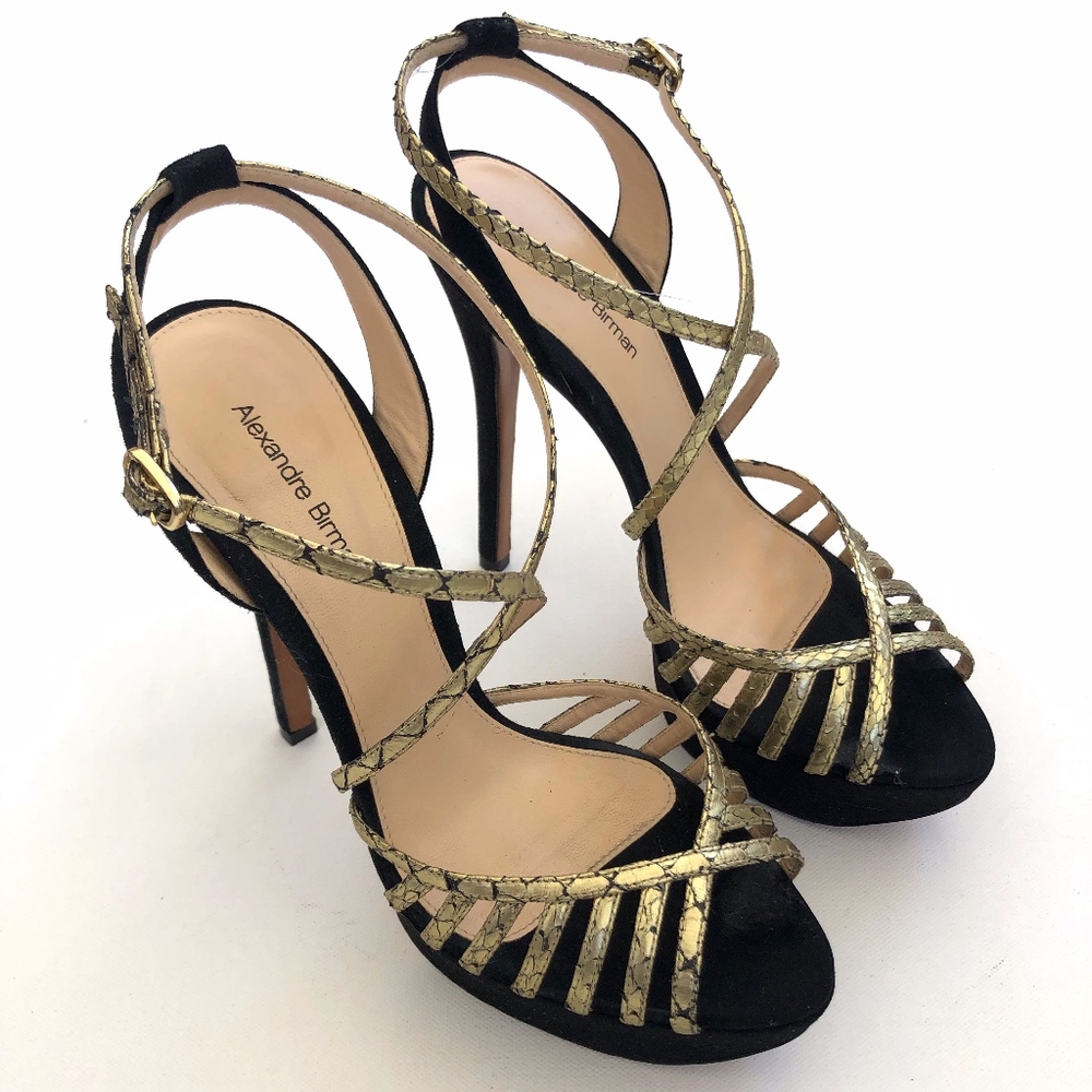 Alexandre Birman Black Suede Gold Straps Platforms
